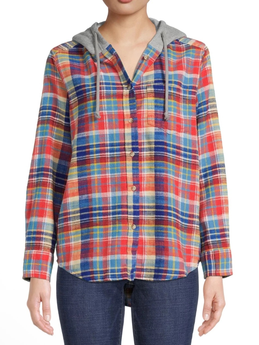 Plaid Hooded Button-Up Shirt - Red Multi Time and tru XL 16-18